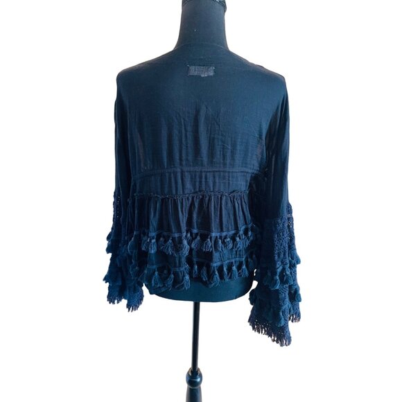 Bohemian Chic Laraethnics Black Cotton Tassel Crochet Top Blouse S/M Sustainable - Picture 2 of 13